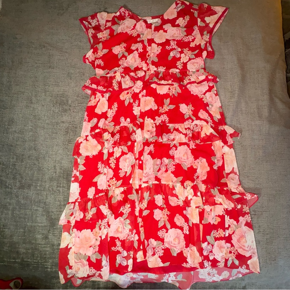 Red Floral Button Up Dress XXL Rachel Parcell Pink Roses Tiered Lined